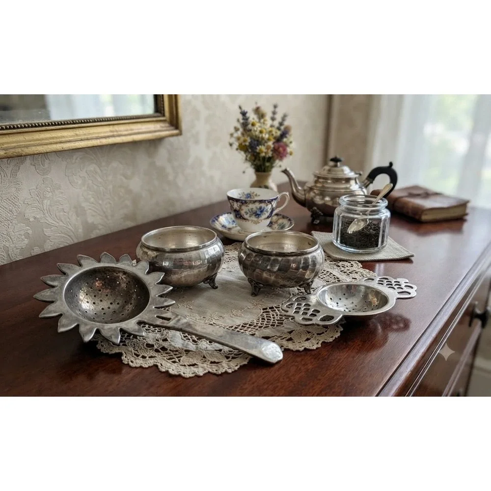 Vintage Silver Tone Tea Strainer Set with Footed Drip Bowls Sunburst Lattice 4pc